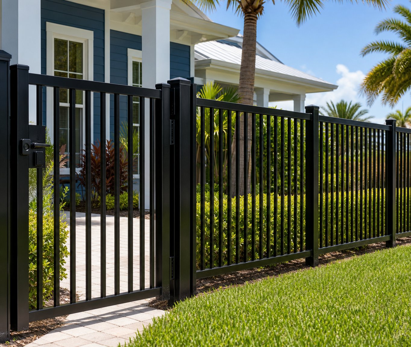 Black aluminum fence and gate beside a Florida-style home
