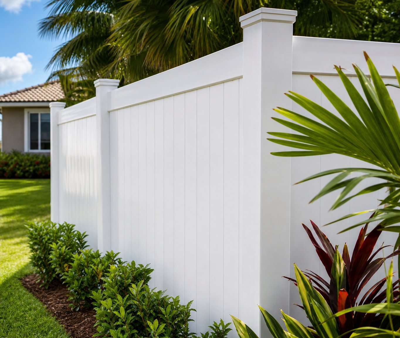 White PVC privacy fence with tropical landscaping