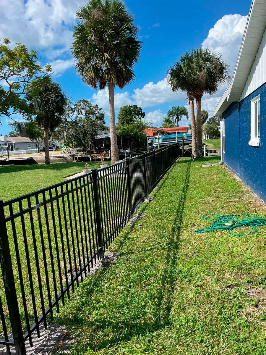 Black aluminum fence beside a blue home