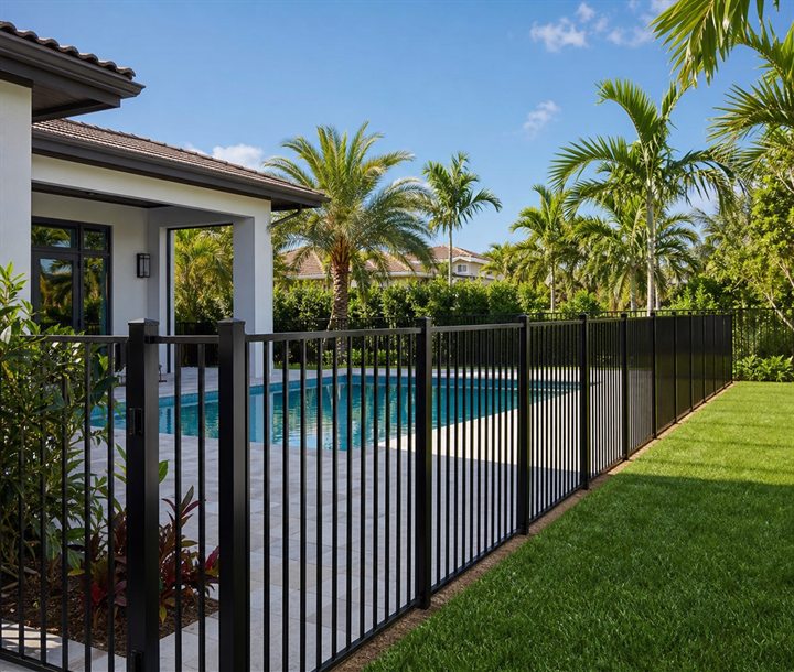 Black aluminum pool fence around a Florida residential yard