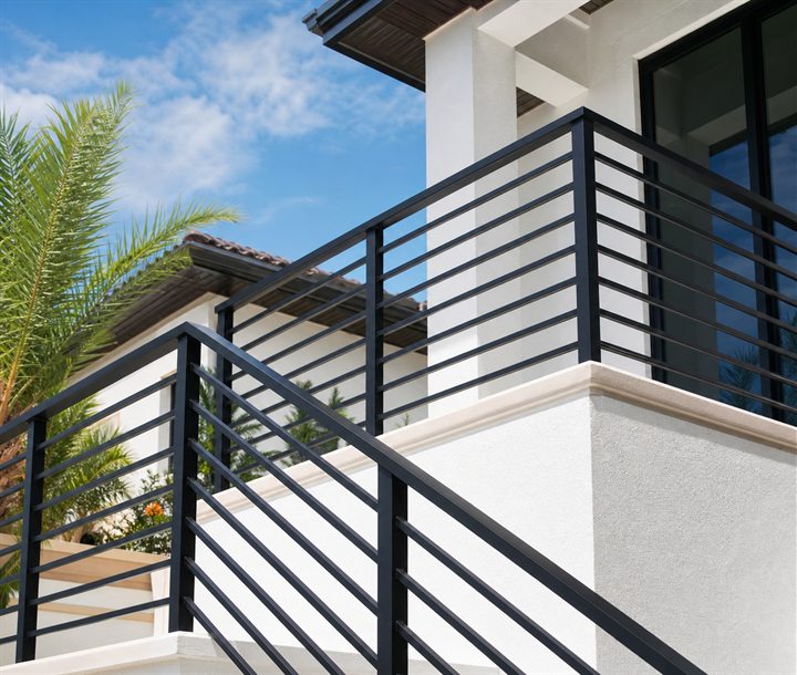 Black aluminum railing on an exterior balcony and stairs