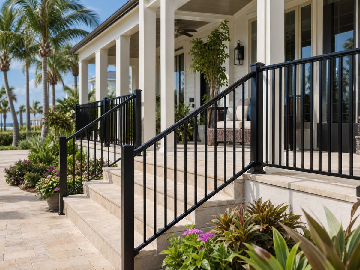 Custom black aluminum railings along Florida home steps