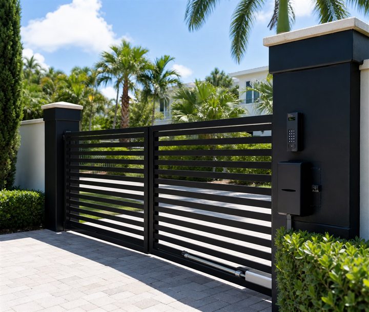 Modern black driveway gate with access keypad and gate operator