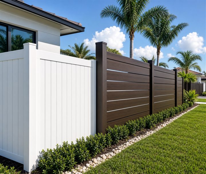 Durable privacy fencing with white and wood grain finishes