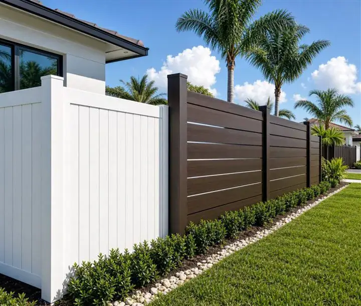 Durable privacy fencing with white and wood grain finishes