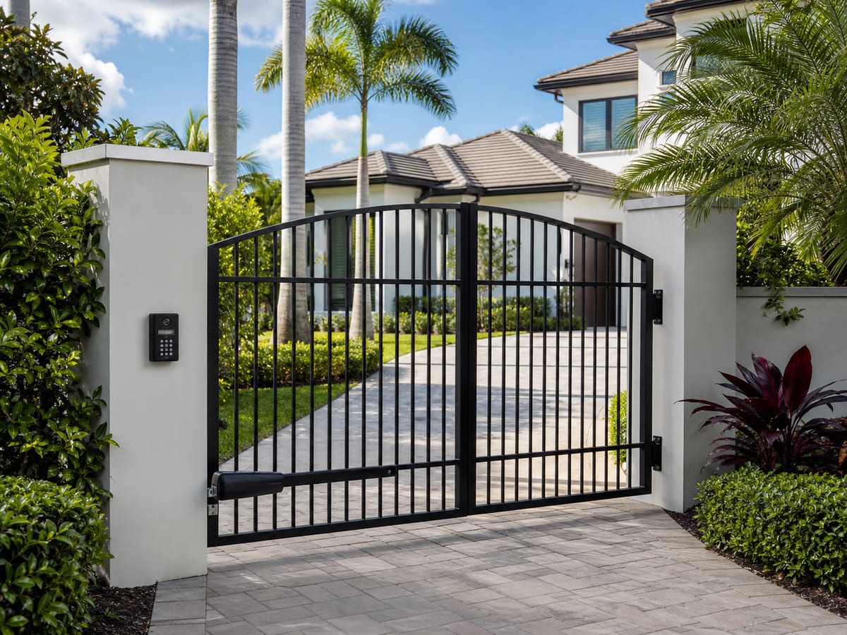 Automated black driveway gate with keypad entry