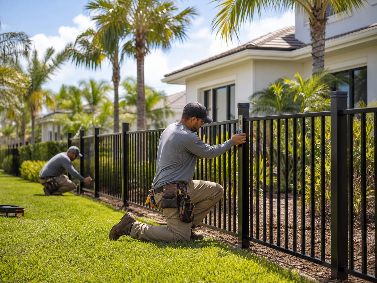 Fence installation crew aligning black aluminum fence panels