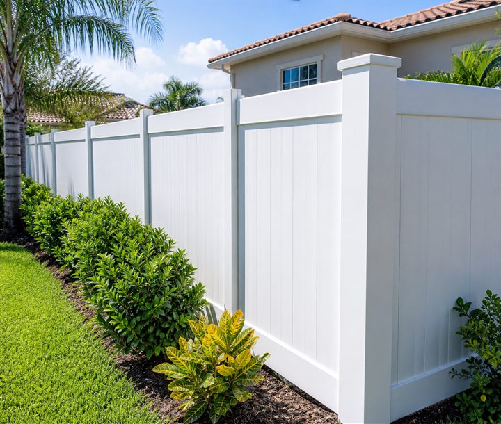 White PVC privacy fence around a landscaped residential yard