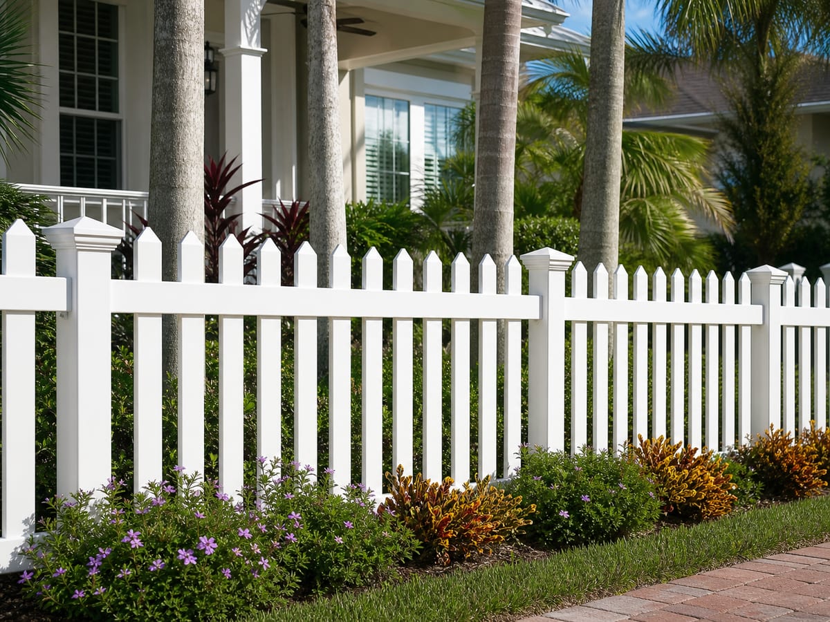 White PVC picket fence bordering a landscaped Florida home