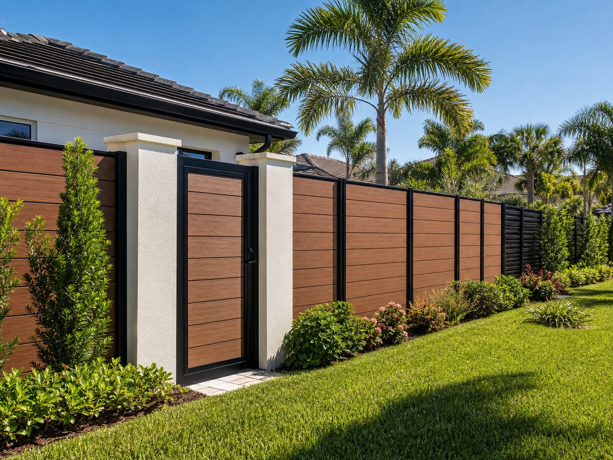 Completed residential privacy fence around a landscaped Florida yard