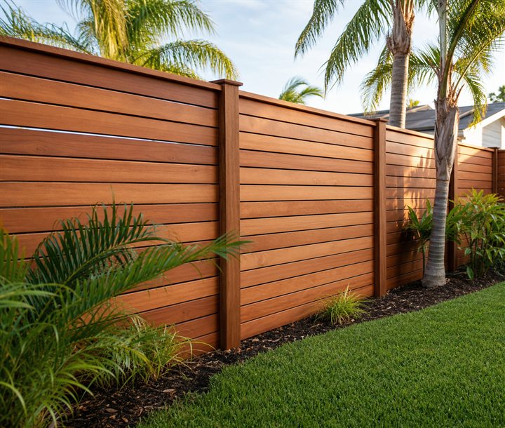 Horizontal wood privacy fence with tropical landscaping